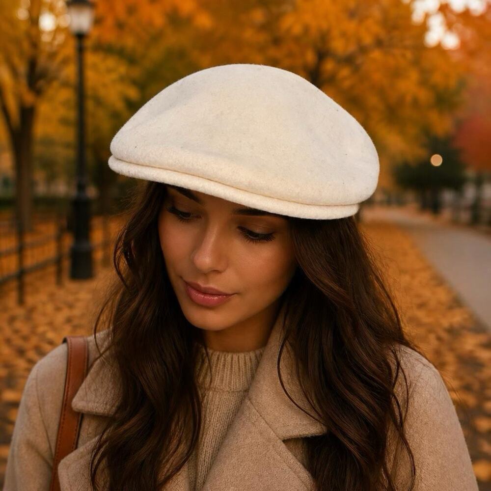 Kangol 100% Pure New Wool Beret Classic Cap Unisex Hat Ivory Embroidered Logo S